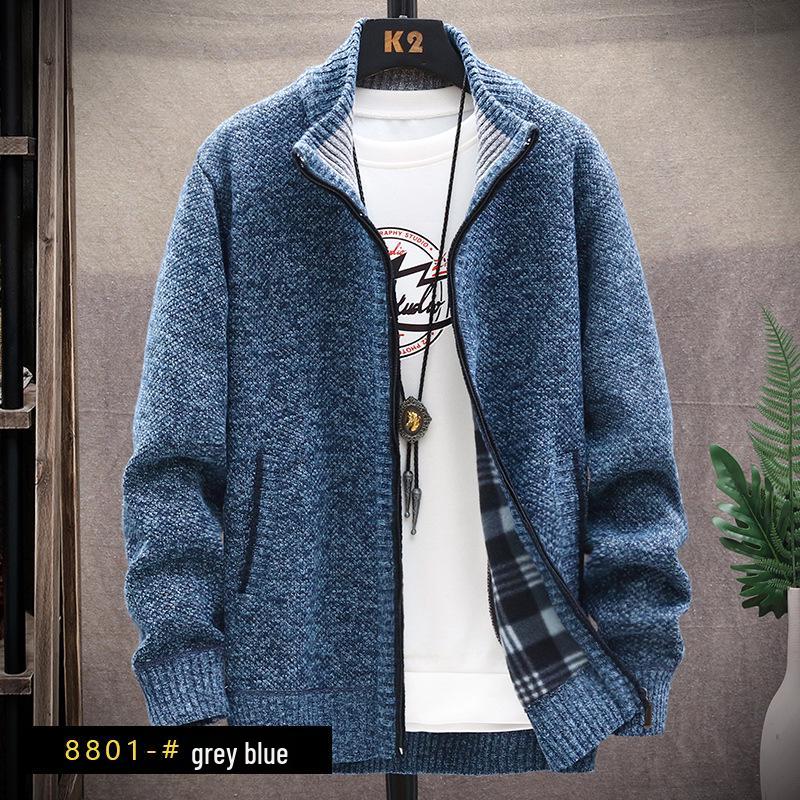 Men's Fleece-Lined Sweater Jacket: Autumn/Winter Casual Knitted Cardigan, Plus Size, Solid Color, Stand-Up Collar.