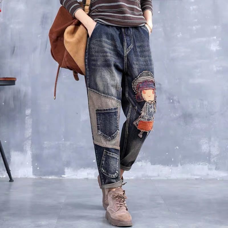 GMXIA Dame Løse, Høst, Løstsittende, Casual, Større størrelse, Retro, Påsydd, Broderte og Patinerte Haremsbukser