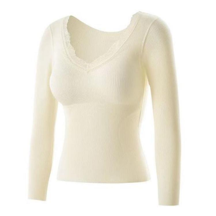 Winter Thermo Oberteil Langarm V-Ausschnitt Damen Slim Fit Shirt Spitzenbesatz Einfarbig Gepolsterte Innenschicht