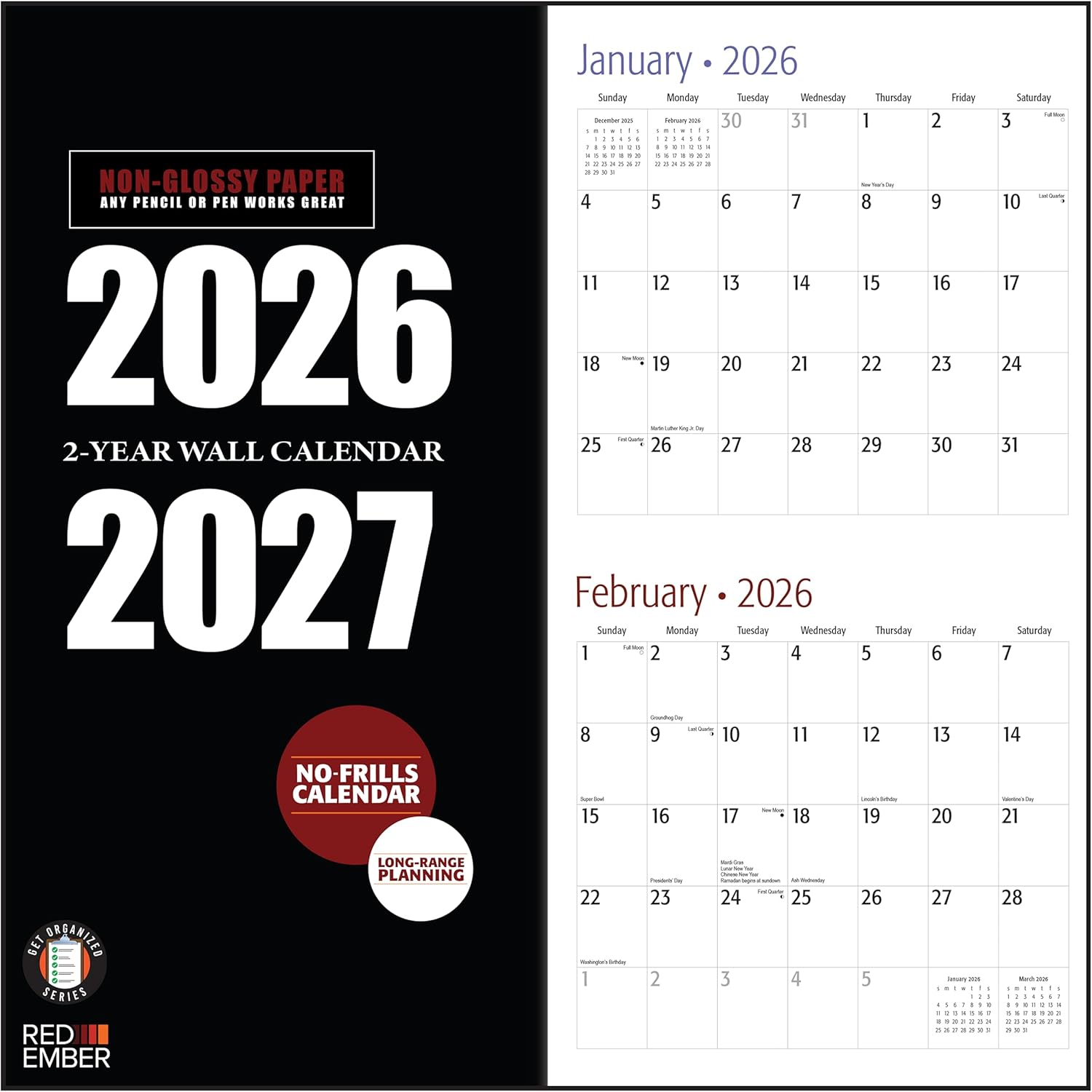 RED EMBER 2-Year Calendar 2026-2027 Wall Calendar 24 Month | 12  x 24  Open | Thick & Sturdy Paper | Holiday Gift | Planner Calendar 2026 and 2027 New 2026
