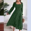 Autumn Winter Women Lace Up High Waist Long Sleeve Pleated Dress Solid Dot Temperament