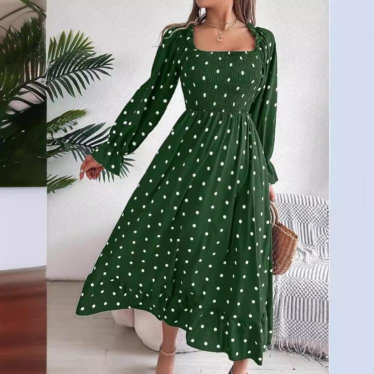 Autumn Winter Women Lace Up High Waist Long Sleeve Pleated Dress Solid Dot Temperament