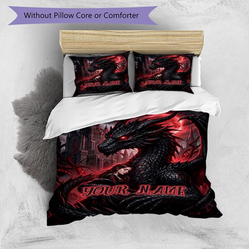 3PC Custom Name Dragon's Dark Embrace Bedding Set Duvet Cover Closure Includes 1 Duvet Cover & 2 Pillowcases for Bedroom