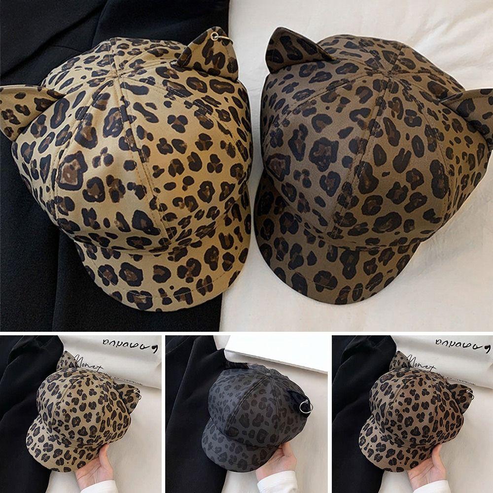 Gorra Estilo Retro con Orejas de Gato Estampado de Leopardo Gorras Octagonales de Repartidor Boinas Estampadas de Leopardo Ropa para Exteriores
