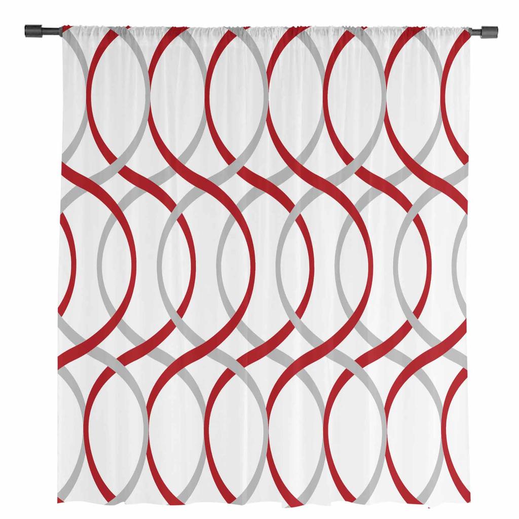 Geometric Abstract Lines Red Gray Sheer Curtains for Living Room Decoration Window Curtains Kitchen Tulle Voile Organza Curtains