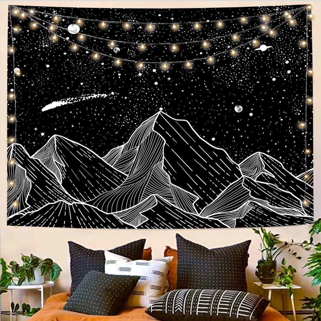 VIKAMA Black and White Starry Night Mountain Tapestry Bedroom Aesthetic Wall Hanging Living Room Dormitory Tapestry Home Decor