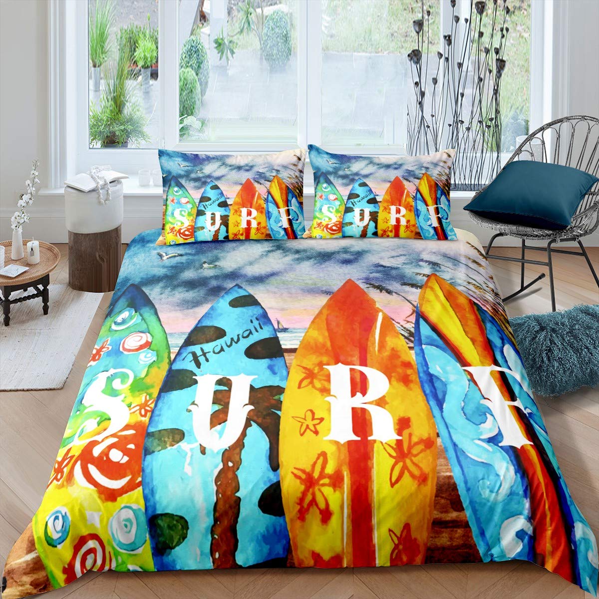 

Surf Duvet Cover Set Beach Printed Hawaii Vacation Bedding Set For Adult Women Girl Tropical Botanical Comforter Cover EU Single(135*200cm)3pcs