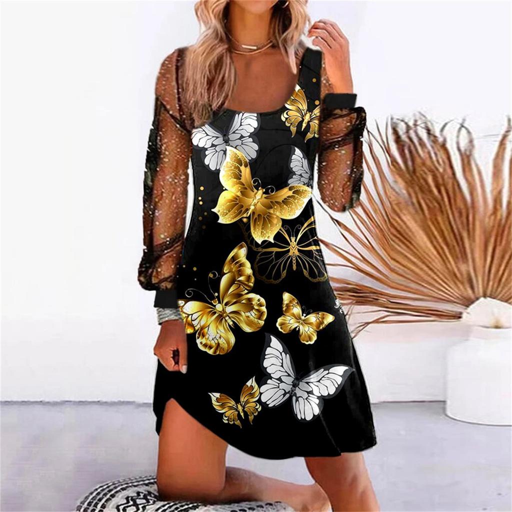 Women Dress See-through Mesh Patchwork U Neck Loose Shiny Sequin Long Sleeve Soft Irregular Hem Pullover Mini Dress