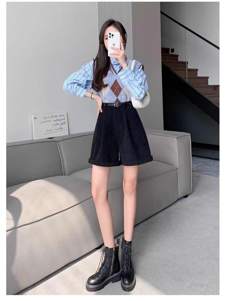 High-Waisted Corduroy A-Line Bootcut Shorts for Women - Coffee Color, Casual Autumn/Winter Wear