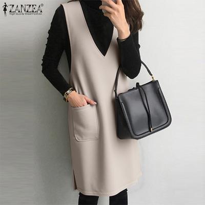 Damen Loses, lässiges, ärmelloses Herbstwestenkleid mit V-Ausschnitt