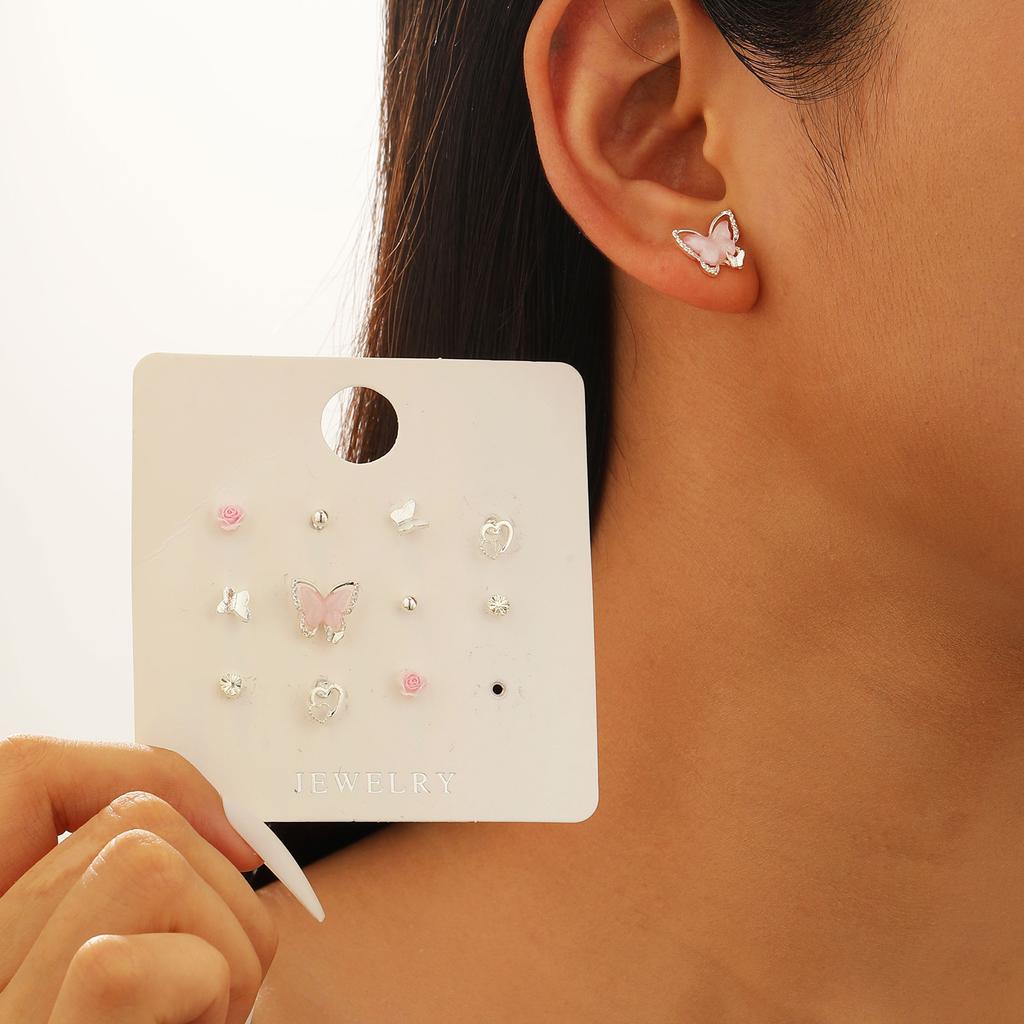 Cute Y2K Butterfly Star Lovely Pearl Stud Earrings for Women Girls Exquisite Mini Earrings Crystal Earrings Set Jewelry Gift
