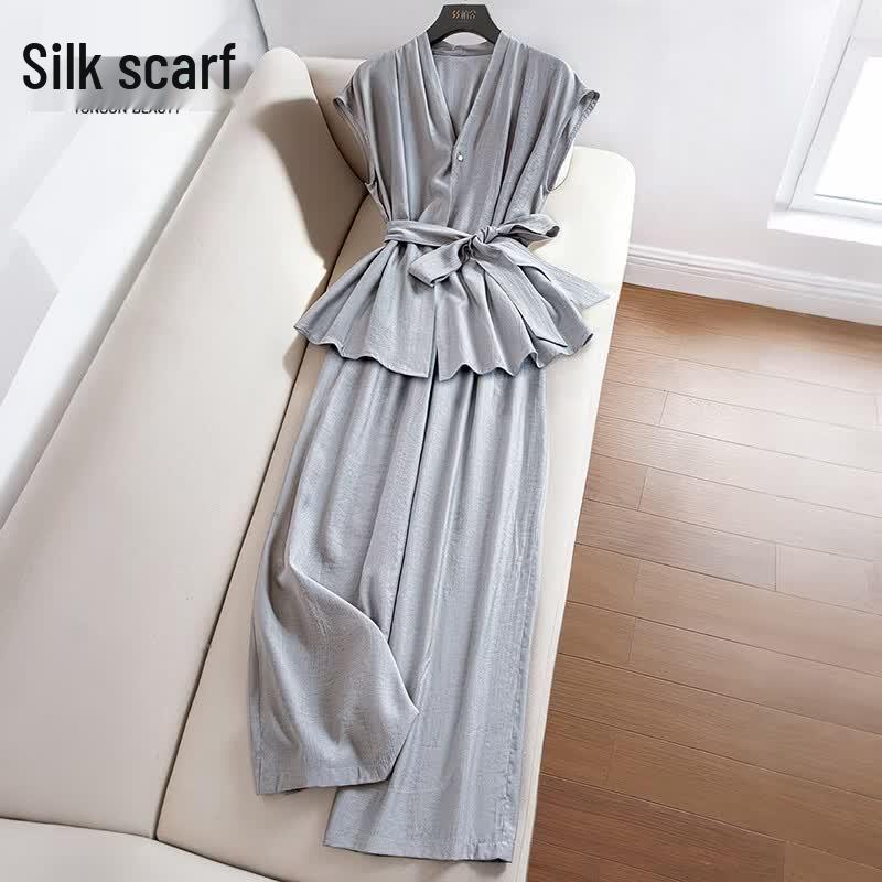 Women s Linen Blend V-Neck Top & Trousers Set M