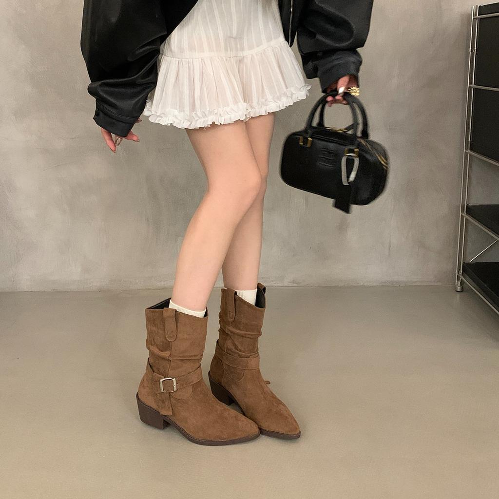 5Cm Boots Pointed Head High Heel V Mouth Suede Martin Boots Women'S Boots Medium Pile Boots Khaki Short Boots