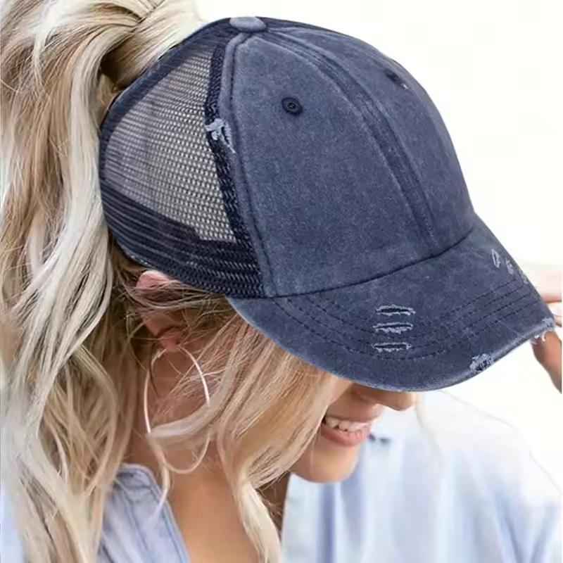 Fresh Latest Brand New Style Ponytail Washed-Out Net Cap Distressed Hat For Women Multiple Color Baseball Cap Spring Summer Shade Sport