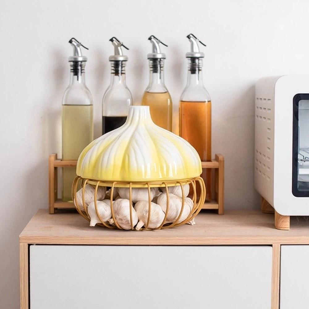 Stylish Iron Garlic Shape Storage Basket Space Saving Egg Storage Garlic Ginger Basket Ceramic Kitchen Shelf Kitchen
