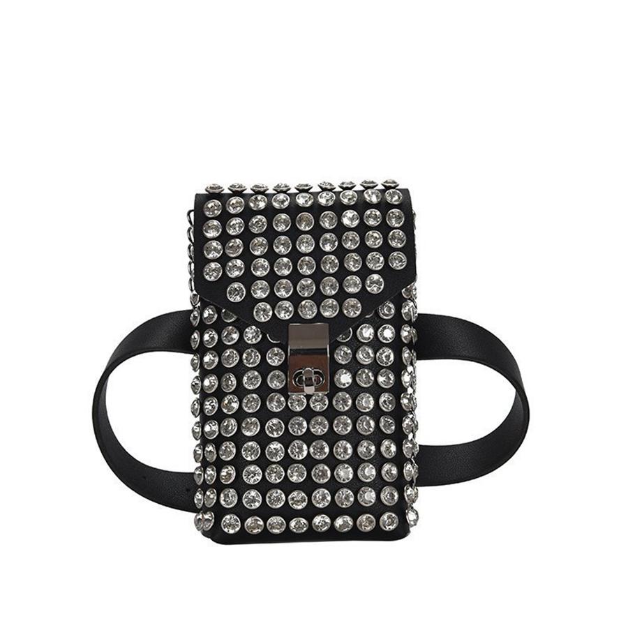 

Shiny rhineste mobile phe wallet, chain shoulder lipstick small bag, dinner party flap messenger bag pu leather waist bags 11x5x17cm чёрный