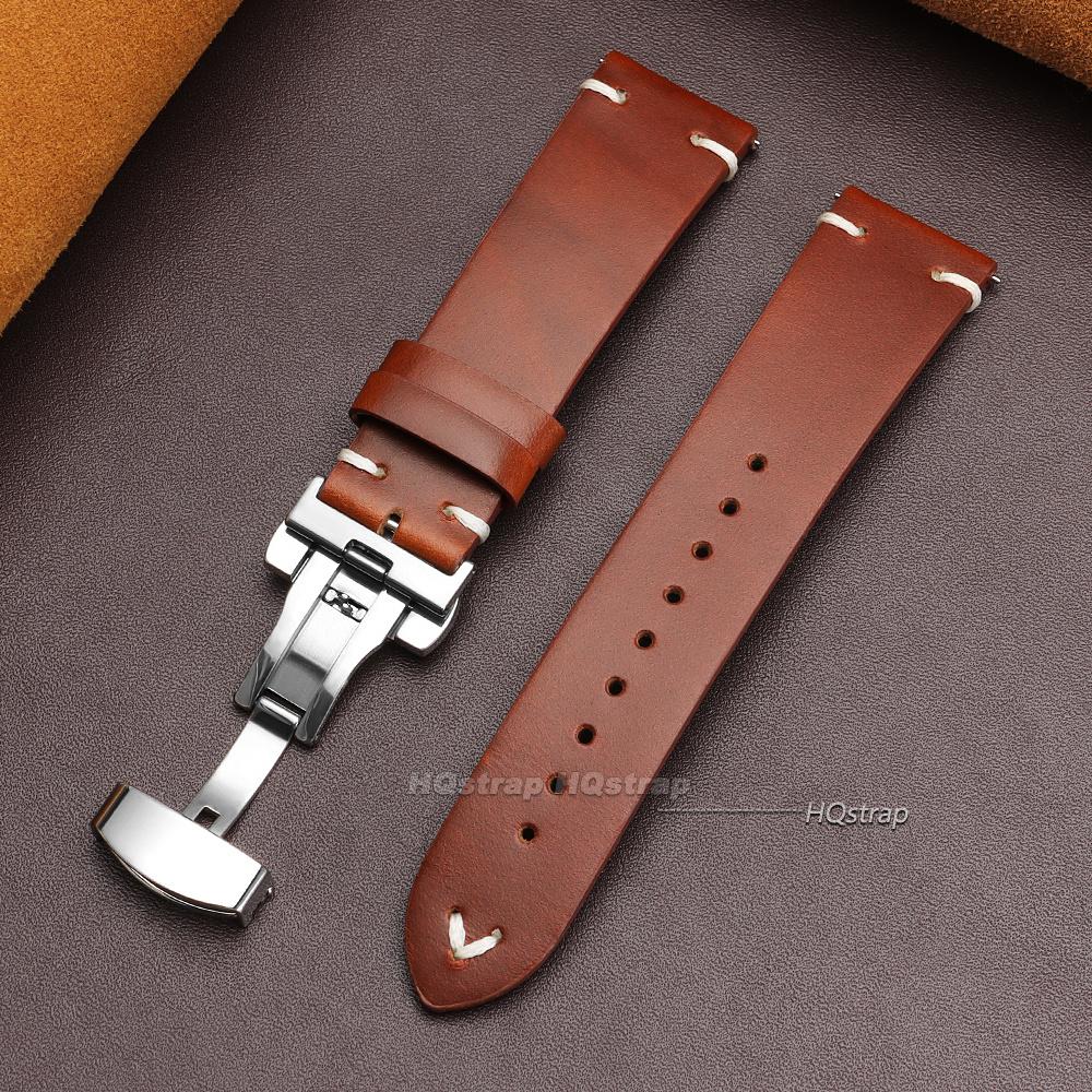 Vintage 18mm 20mm 22mm Cowhide Watch Strap Quick Release Wrist Band Butterfly Buckle Leather Bracelet Stitching Brown Straps