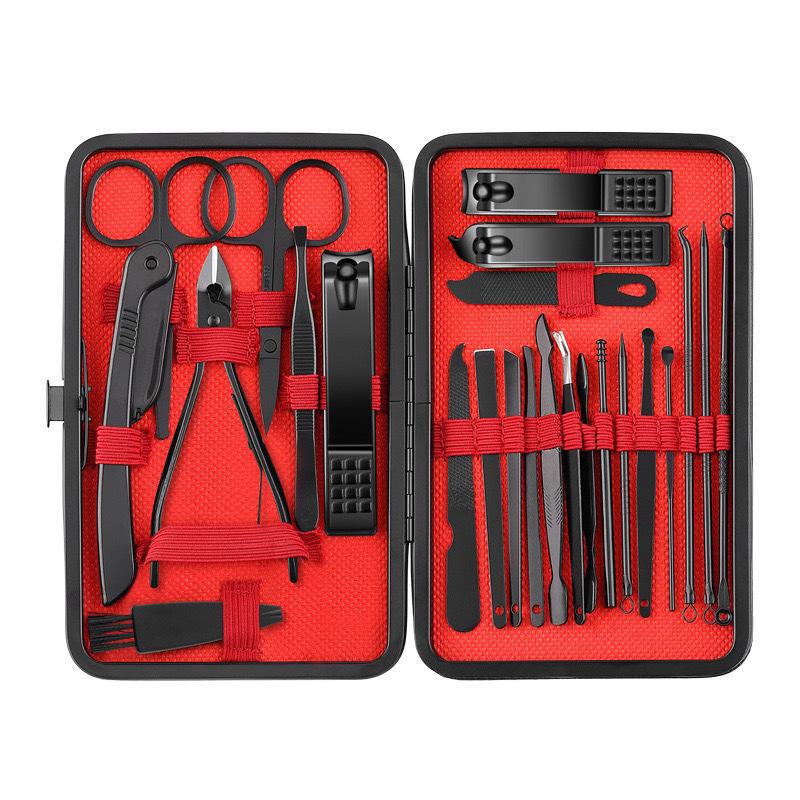 24-Piece Black & Red Manicure Set: Nail Clippers, Tweezers, Ear Pick, Scissors