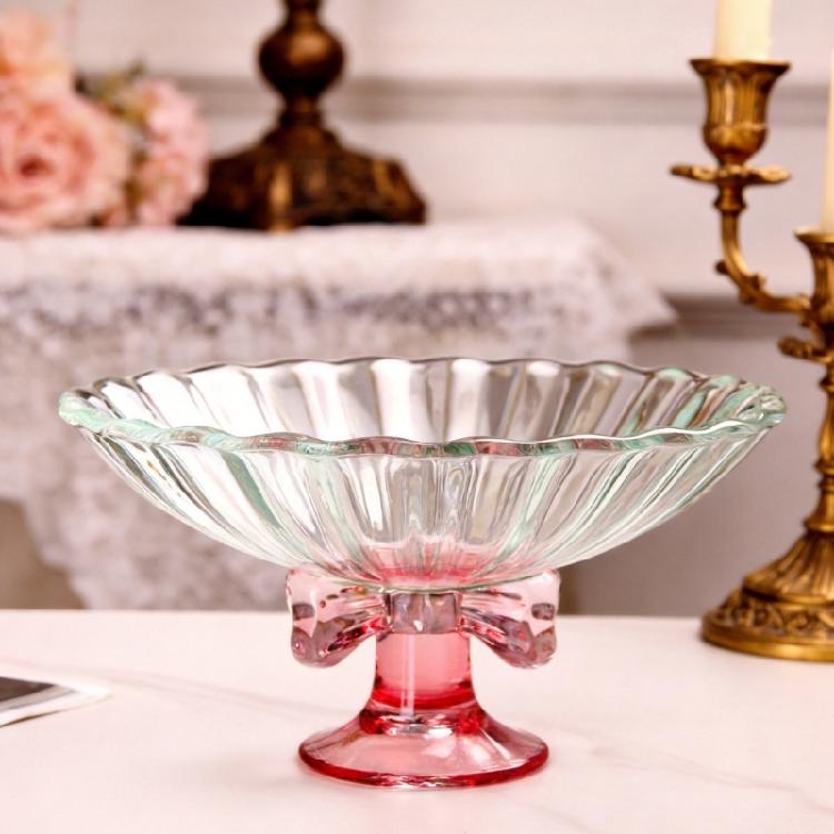 Sophisticated High Foot Glass Display Bowl Organiser With Butterfly Knot Detail For Living Room Decoration