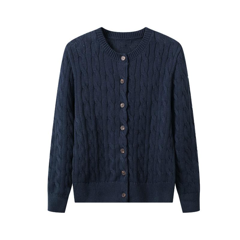 Pure Cotton Knitted Cardigan Jacket for Women, Autumn and Winter Crew Neck Retro Twisted Cotton Sweater