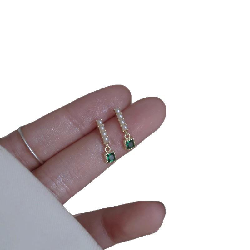 925 Sterling Silver Mini Pearl & Emerald Earrings: Japanese Korean Style, Light Luxury, Trendy Drop Design for Women
