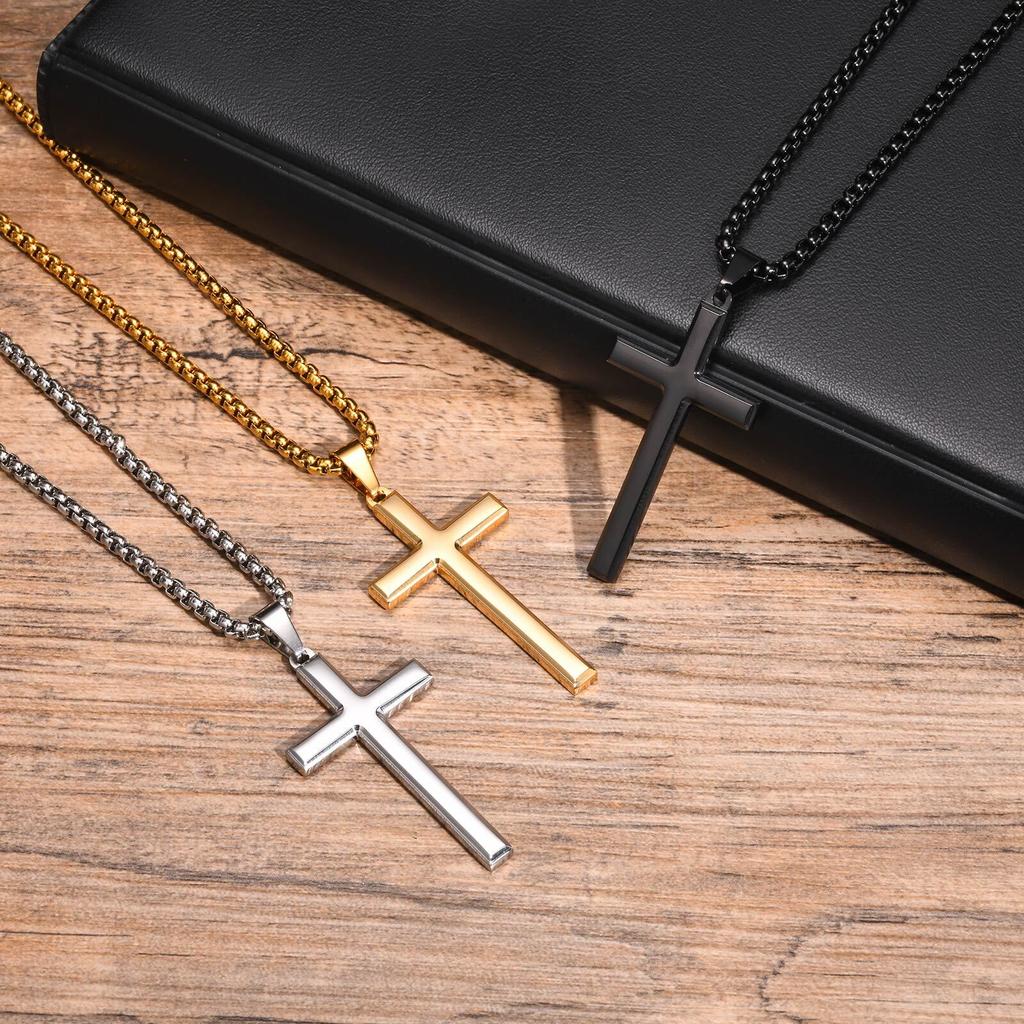 Vnox Simple Mens Cross Pendant Necklaces, Classic Stainless Steel Plain Cross Collar Necklaces