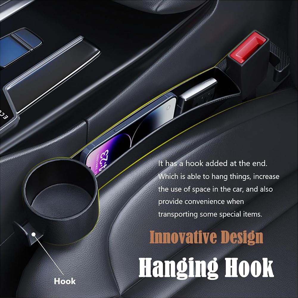 Dual Slot Car Seat Gap Organizer with Cup Holder, Universal Auto Gap Filler Strip 2 Pack with Seat Belt Holes