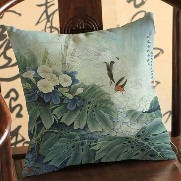 Chinese Style Vintage Ink Painting Flowers Bird Lotus Cotton Linen Decorative Cushion Cover Car Sofa Home Decoration Pillow Case