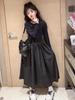 Girls' Hepburn Style Long Sleeve Black Dress - 2025 Korean Sweet & Trendy Puffy Skirt for Autumn/Spring