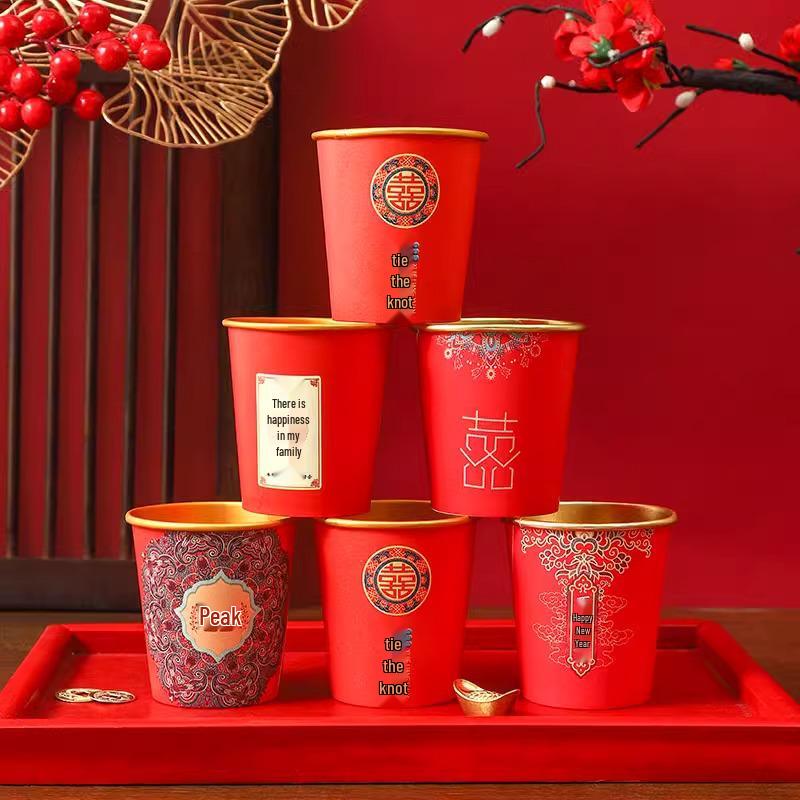 Red and Gold Foil Wedding Anniversary Disposable Cups - Thickened Engagement Tea or Water Cups