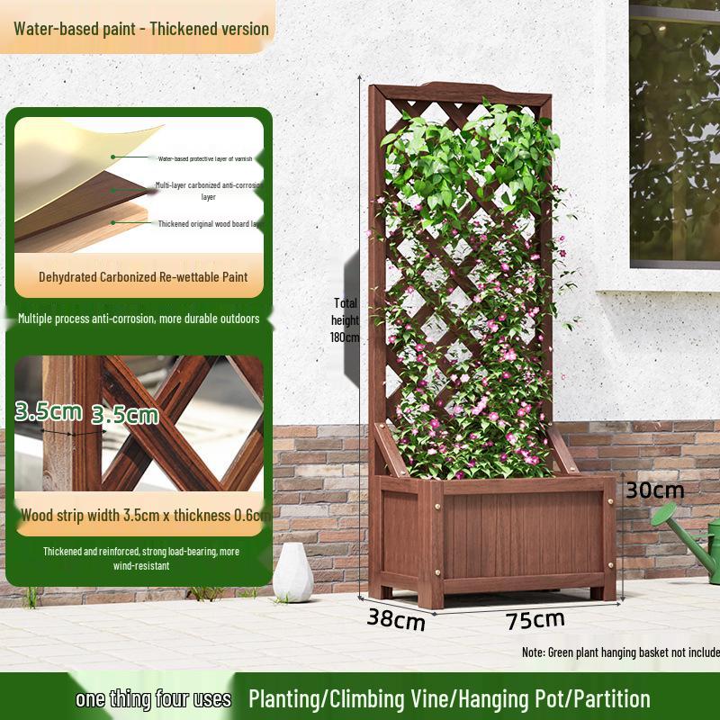Carbonized Wooden Planter with Trellis: Outdoor Anticorrosive Flower Pot and Climbing Rack for Balcony or Garden.