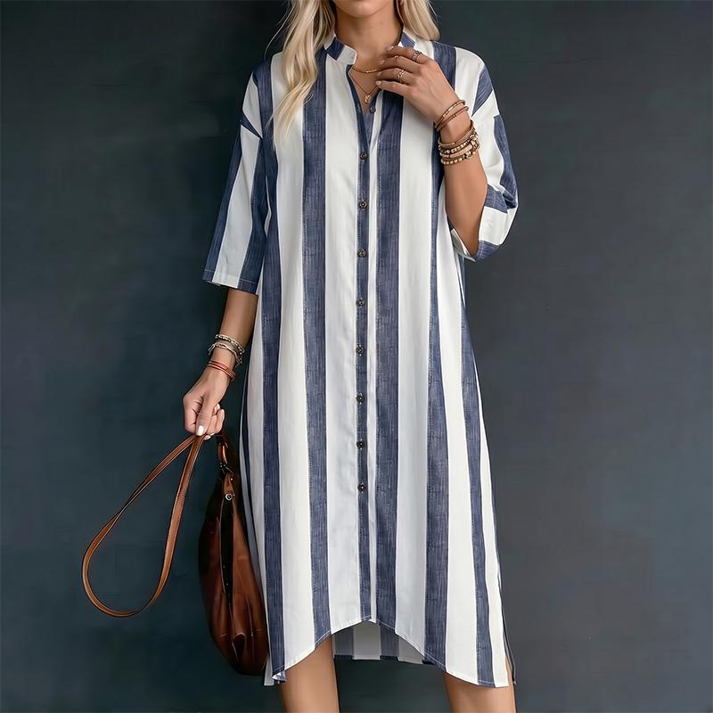 ZANZEA Women Stand Collar 3/4 Sleeve Loose Stripe Shirt Dress