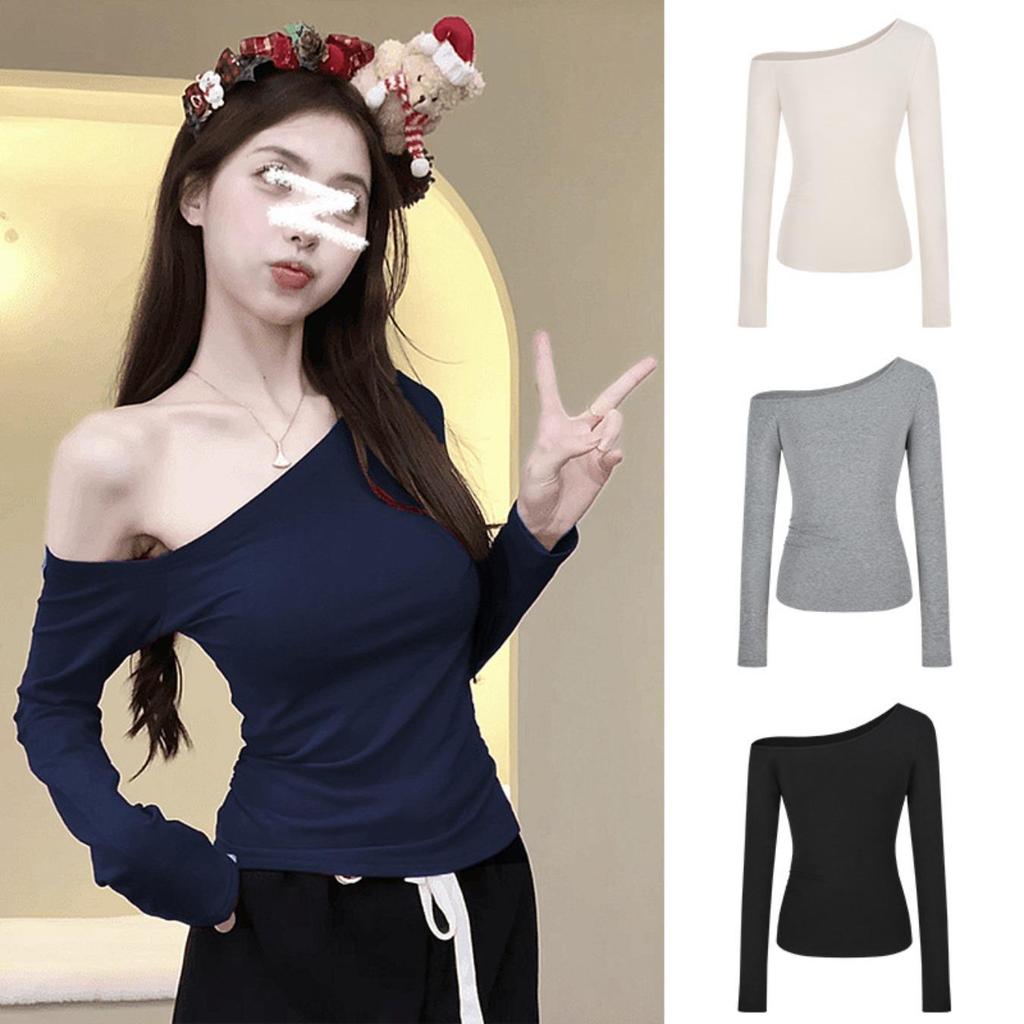 Irregular Collar Long Sleeve T-Shirt Women Basic Solid Off Shoulder TShirt