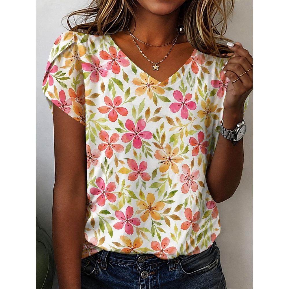 Women's Shirt Print Floral Graphic Vintage Daily Stylish Short Sleeve V Neck Regular Tops Casual Daily Yellow Pink Summer Spring