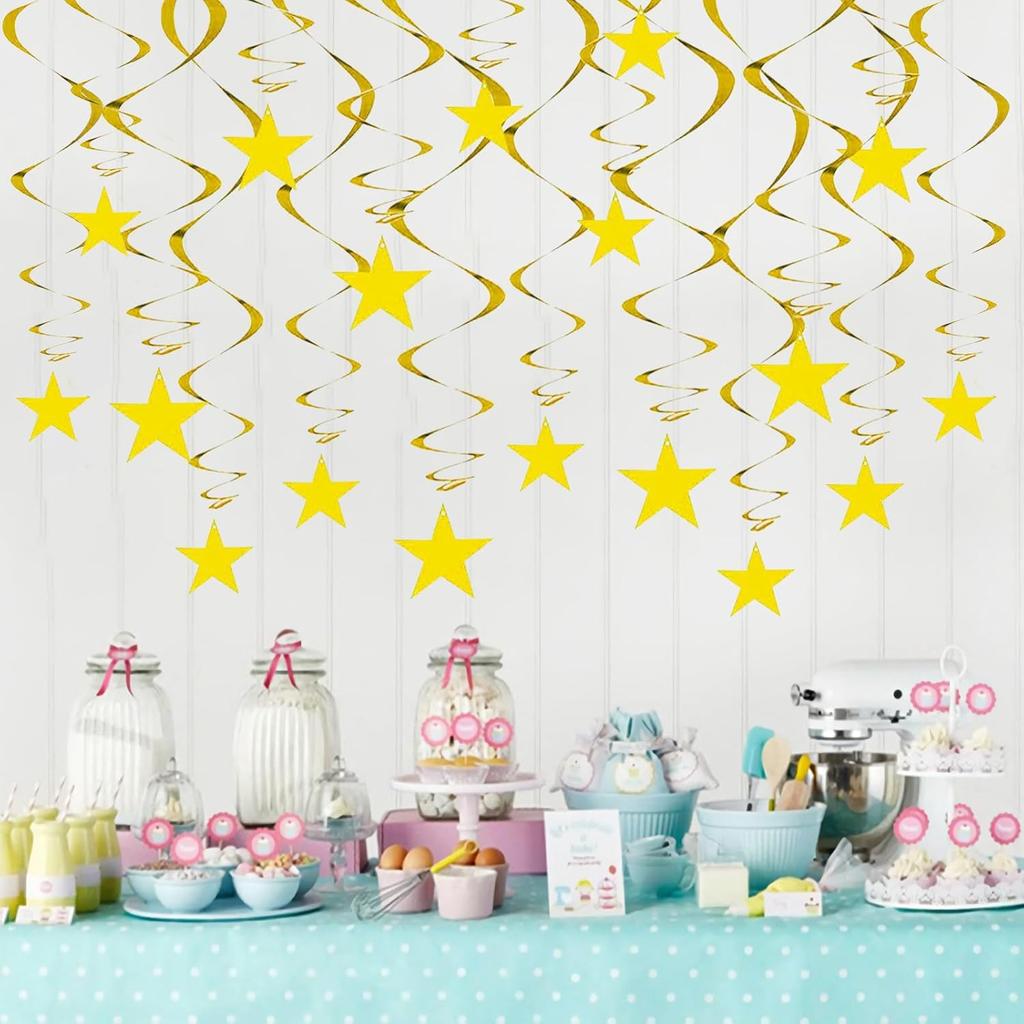 Gold Twinkle Stars Hanging Swirls Decorations Ceiling Swirl Foil Decoration Hanging Gold Party Supplies for Birthday Baby Shower Wedding, 32 Pcs