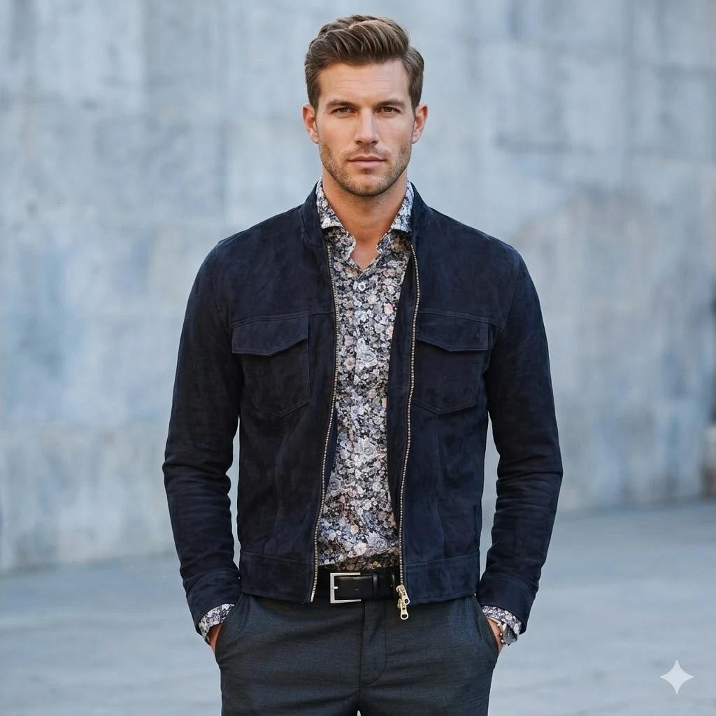 Navy Blue Biker Fit Trendy Men’s Real Soft Jacket Stylish Suede Lambskin Leather S темно-синий