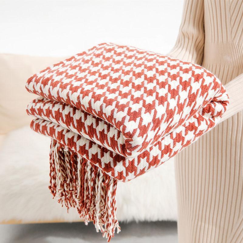 Houndstooth Tassel Woolen Blanket Summer Thin Air Conditioning Blankets For Office Living Room Sofa Cozy Nap Cushion Shawl
