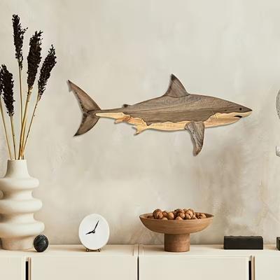 Decoración de Arte de Pared de Tiburón de Madera Estatua Rústica de Tiburón de Madera Escultura Colgante de Pared de Pez Marino para Dormitorio Sala de Estar