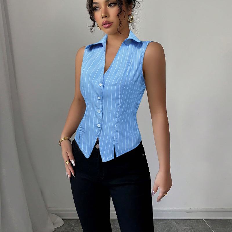 Summer Temperament Striped Sleeveless Shirts Slim Fit Cardigan Women’s Blouses & Shirts
