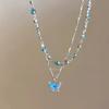 Cute Sweet Summer Style Blue Crystal Butterfly Double Layer Pendant Necklace for Women Charm Collarbone Chain Jewelry Accessory