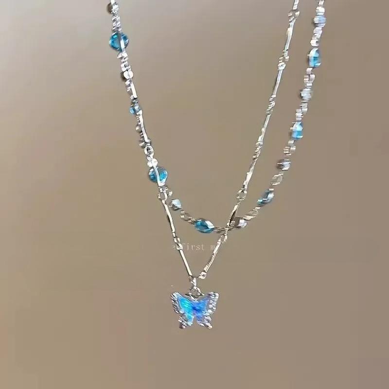 Cute Sweet Summer Style Blue Crystal Butterfly Double Layer Pendant Necklace for Women Charm Collarbone Chain Jewelry Accessory