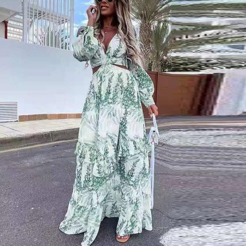 Rochie Maxi de Plajă cu Mâneci Lungi pentru Femei, Primăvară Vară, Sexy, cu Decupaje Criss-cross, Boho, Lungă, cu Decolteu Adânc în V, cu Volane, Rochie de Petrecere