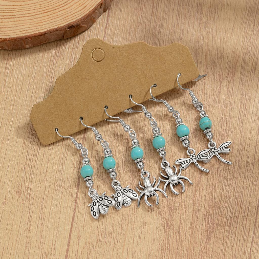 3 Pairs/set of Retro Turquoise Butterfly Feather Heart Inlaid Pendant Western Style Denim Earrings
