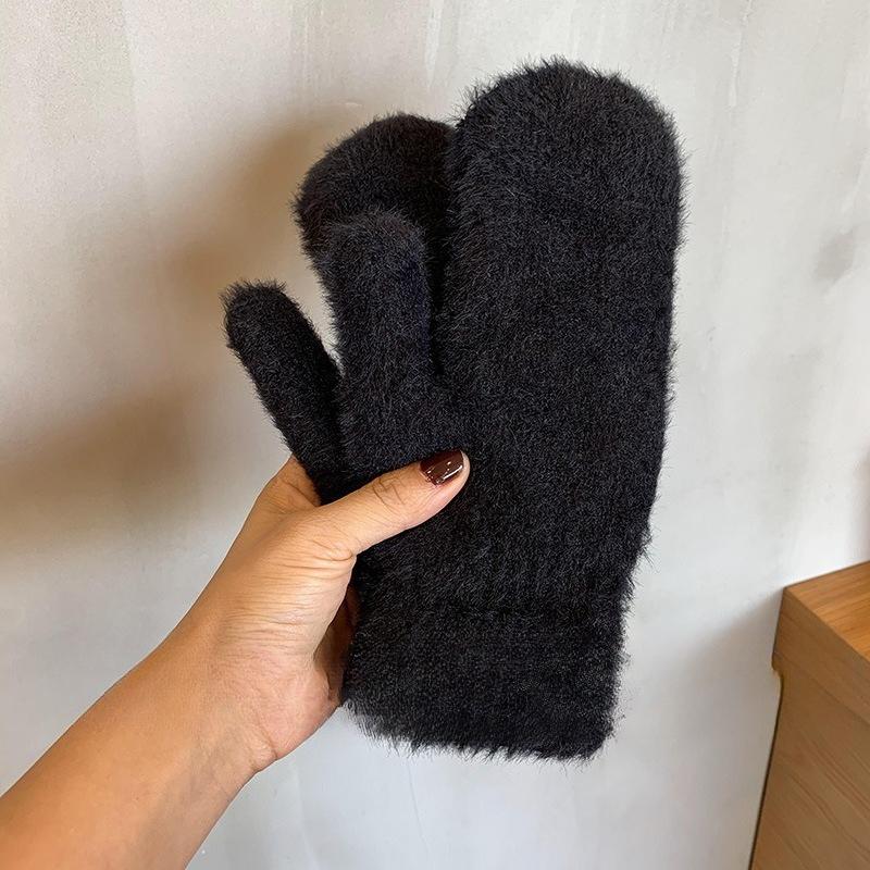 Winter Gloves for Women Korean Version Solid Color Thickened and Velvet Imitation Mink Hair Cycling Students Warm Mittens