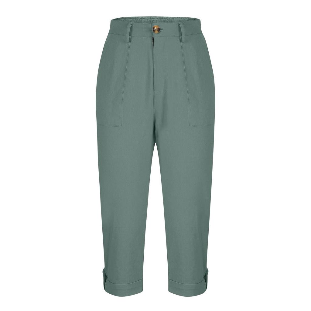 Women Casual Capri Pants High Waisted Rolled Cuff Ankle Pants Solid Color Pocket Detail Loose Fit Trousers