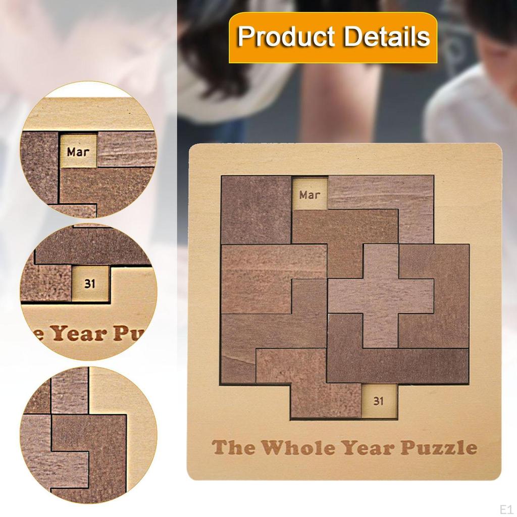 Daily Calendar Puzzle, Wooden Brain Teaser, for All Ages, Challenge 365 Days Date Geometric Jigsaw