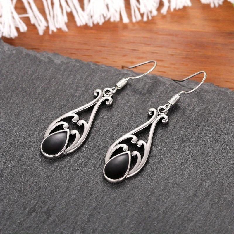 Vintage Oval Inlaid Black Stone Earrings Hollow Geometric Creativity Silver Color Dangle Earrings for Women Jewelry