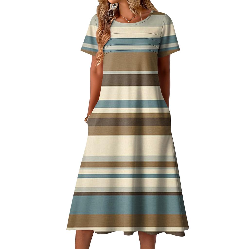 Ladies' striped printed casual and fashionable short sleeved round neck dress