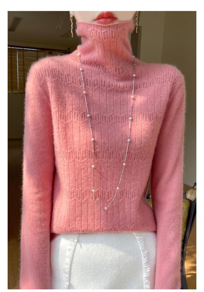 Women's Pure Wool Rhinestone Embellished Knit Top, Stacked Collar, Long Sleeve, Hollow Design for Autumn/Winter