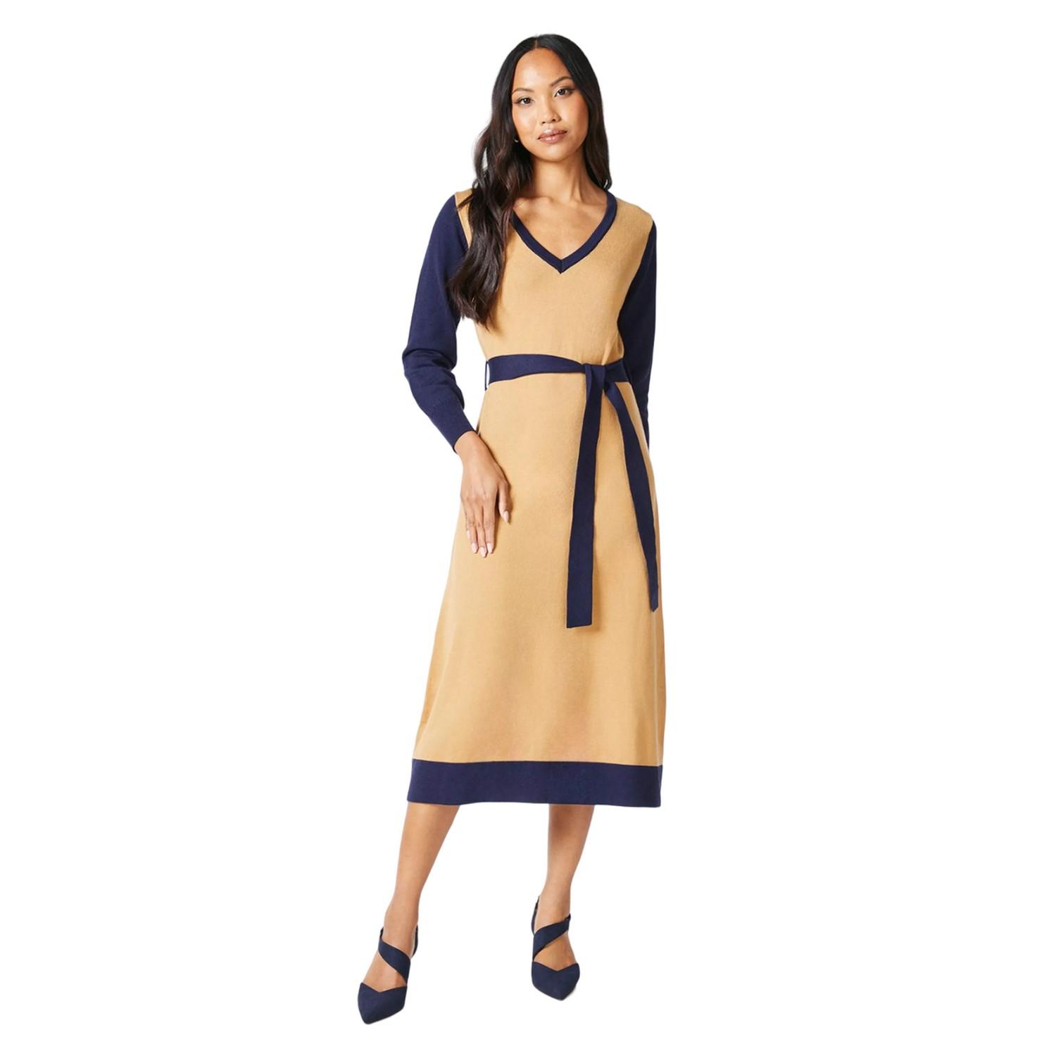 Vestido midi de punto con cinturón y ribete para mujer Principles 10 UK camello